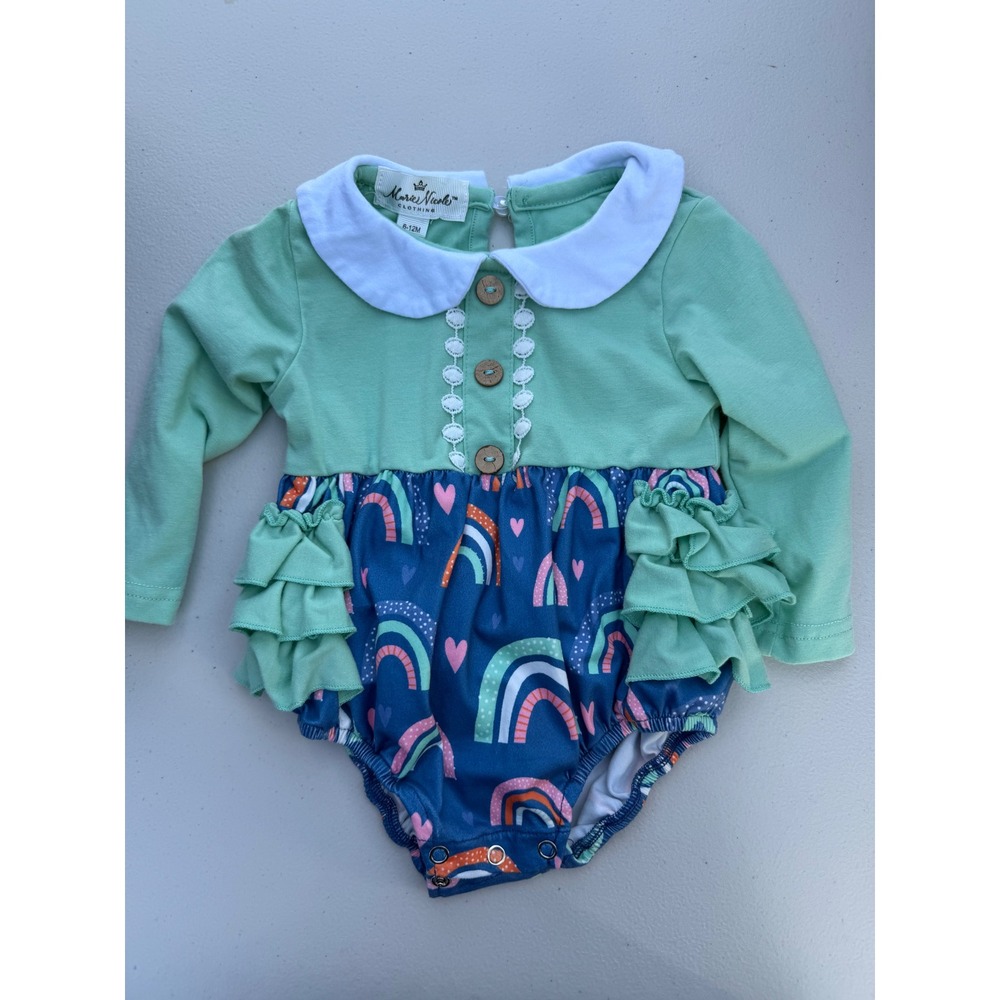 Marie Nicole Clothing Girls Rainbow Romper Mint Green Peter Pan Collar 6-12M